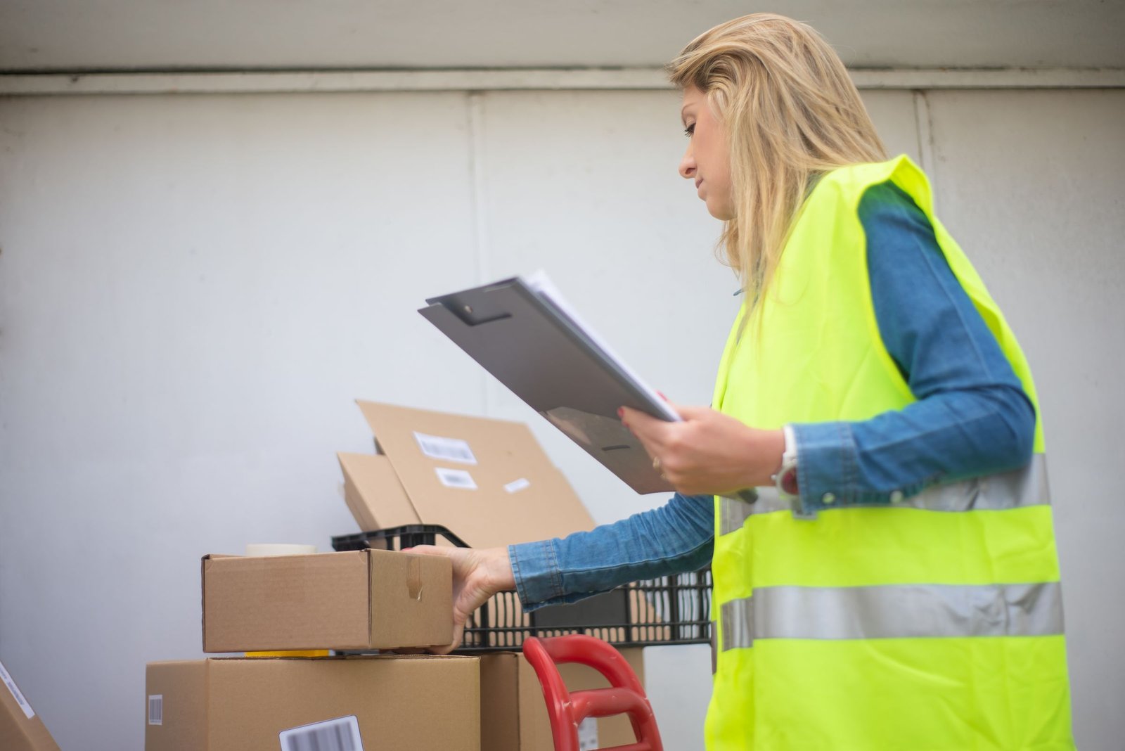 Worker in a high-visibility vest checking parcels with a clipboard